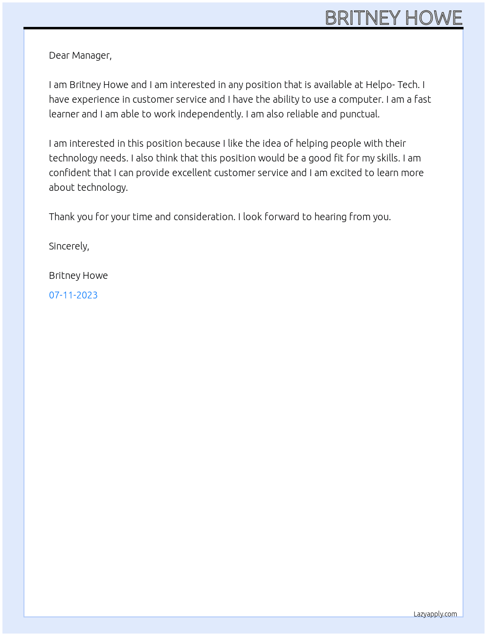 any position available At Helpo- Tech Cover Letter