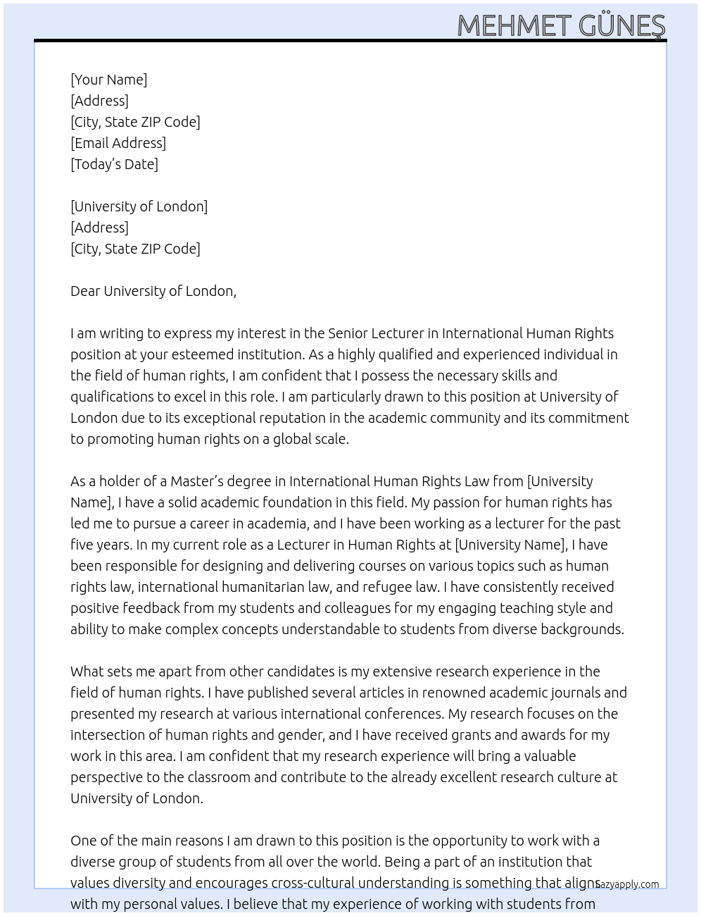 Senior Lecturer in International Human Rights At University of London  Cover Letter