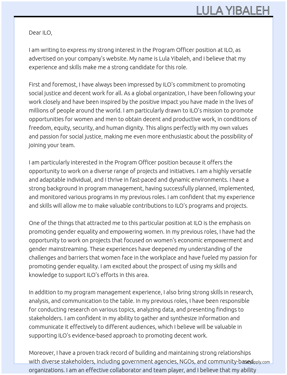 Program Officer  At ILO Cover Letter