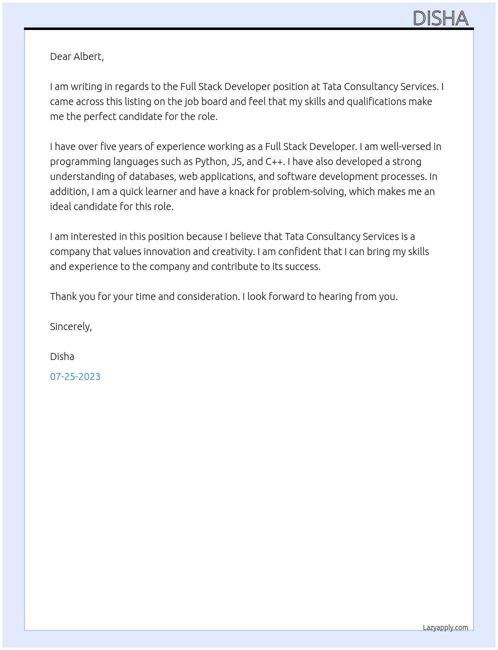 Full stack devloper At Tata Consultancy Service Cover Letter