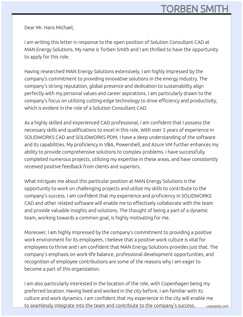 Solution Consultant CAD At MAN Energy Solutions Cover Letter