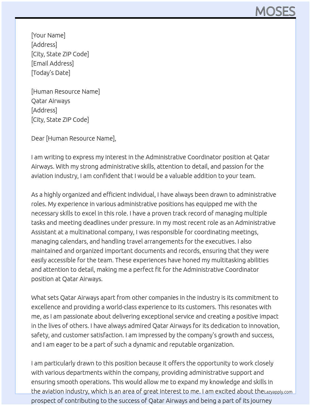 Administrative coordinator At Qatar airways  Cover Letter