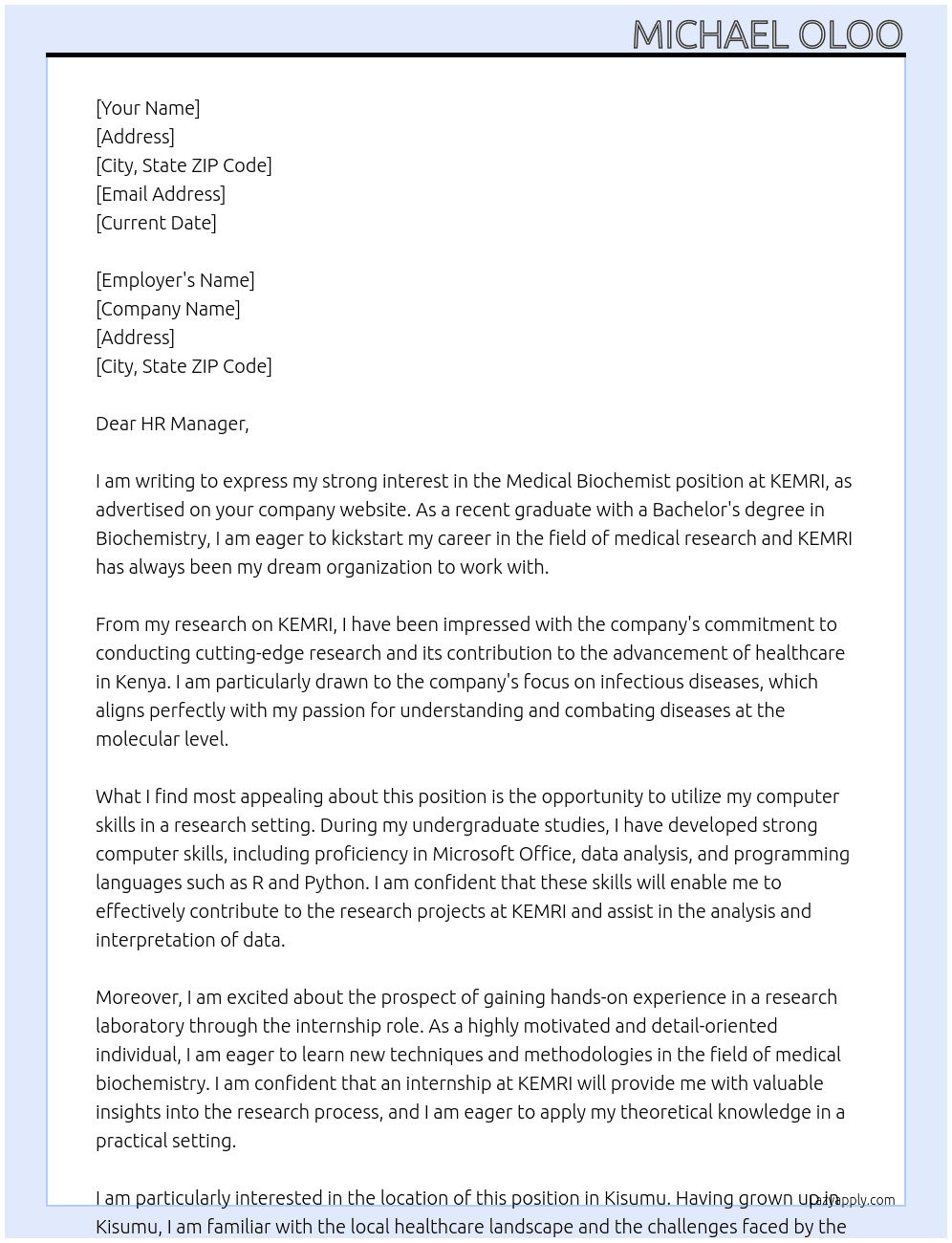 Medical Biochemist At KEMRI Cover Letter