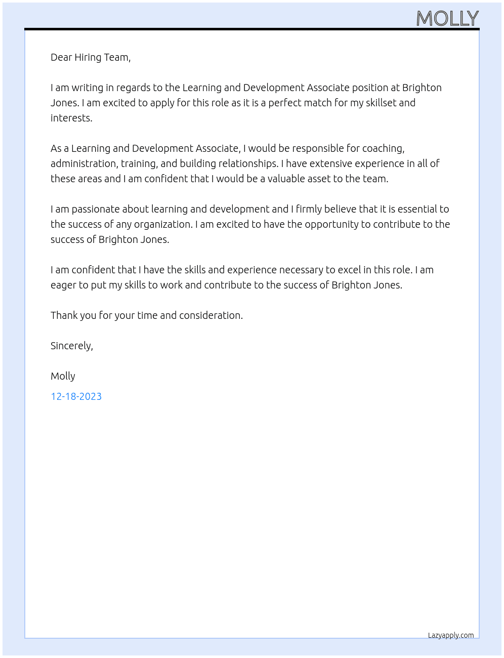 Learning and Development Associate At Brighton Jones Cover Letter