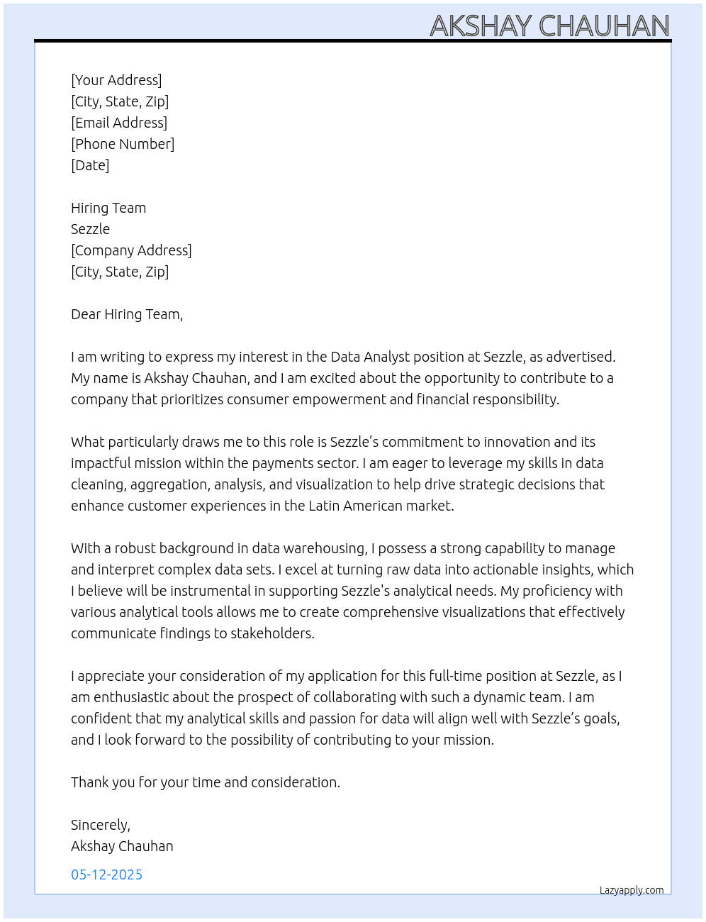 Data analyst At Sezzle Cover Letter