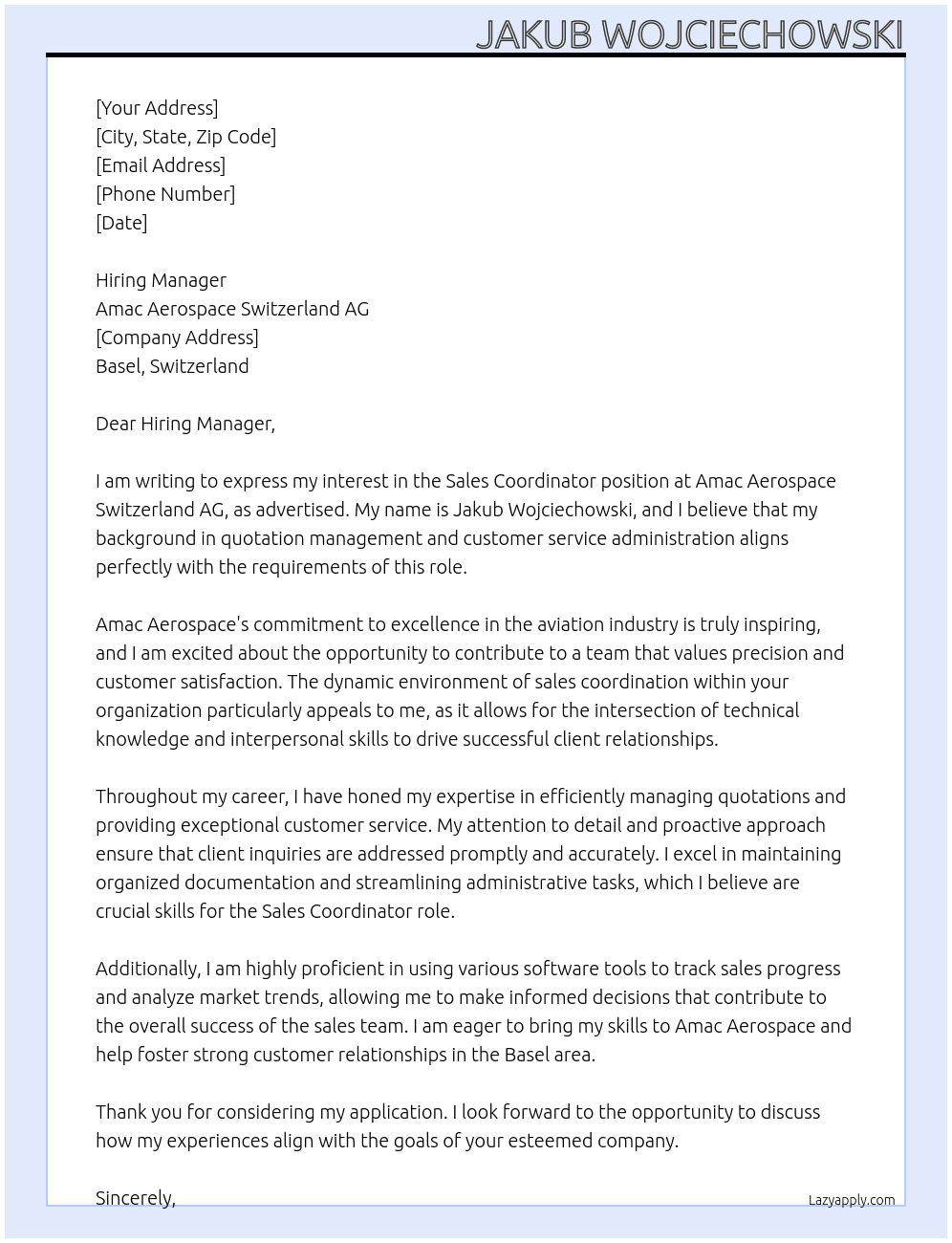 Sales Coordinator At Amac Aerospace Switzerland AG Cover Letter