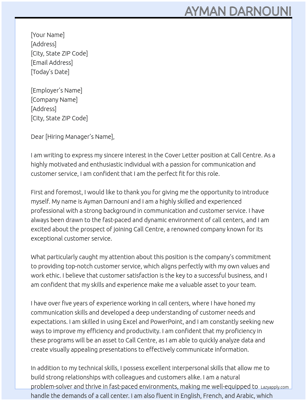 Cover letter At Call centre Cover Letter