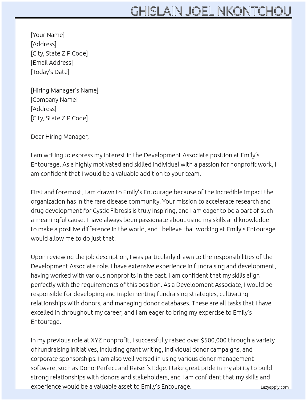 Development Associate At Emily's Entourage Cover Letter