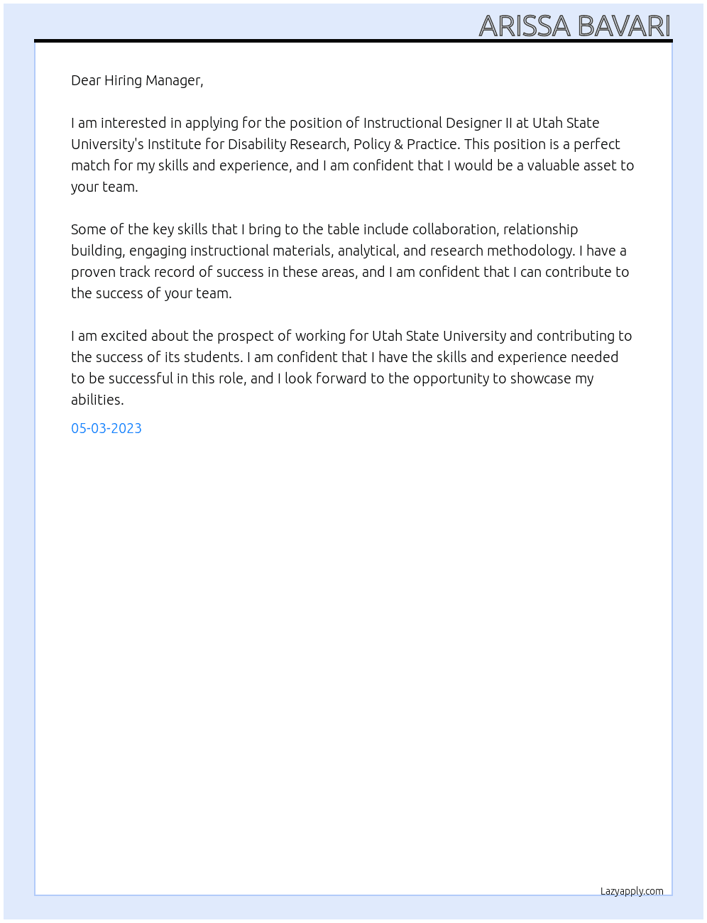 Instructional Designer II At Utah State University  Institute for Disability Research, Policy & Practice,  Cover Letter