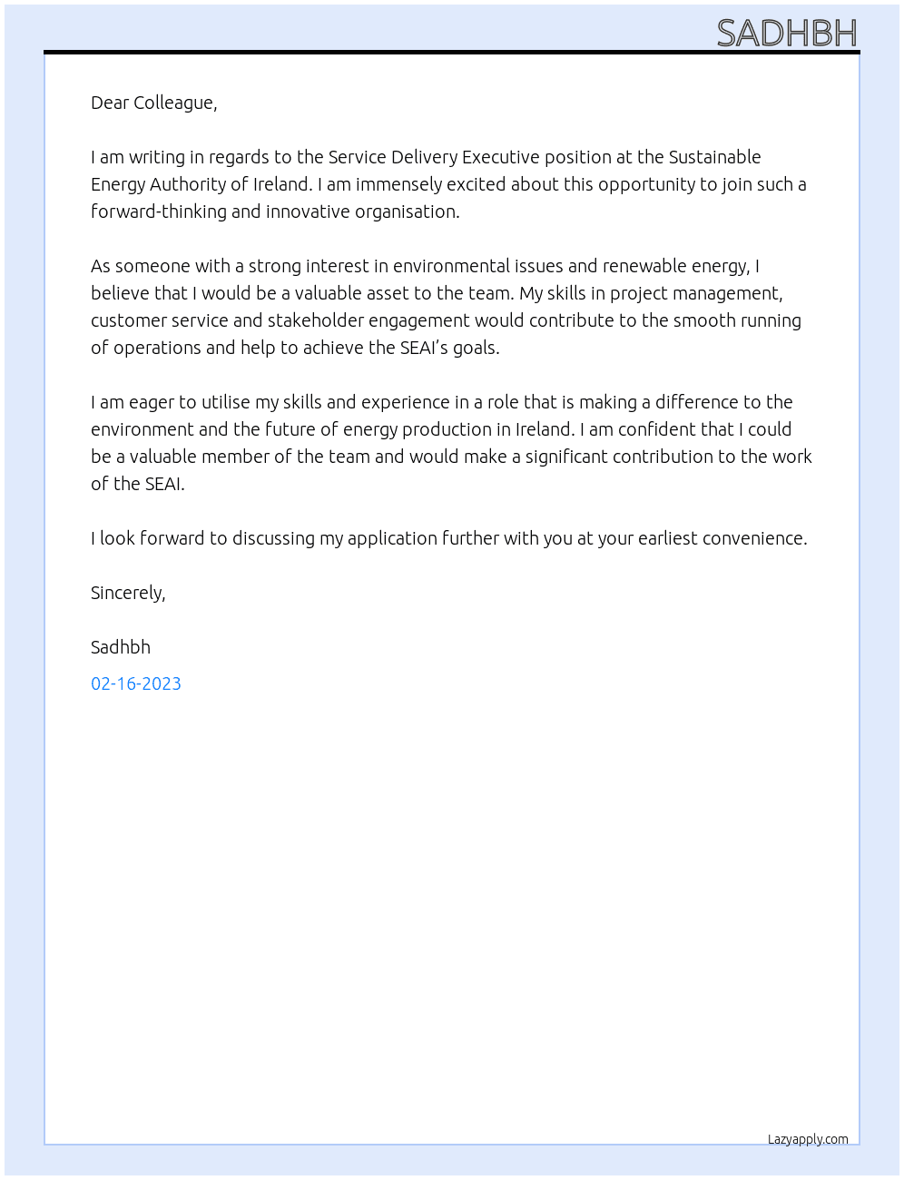 Service Delivery Executive At Sustainable Energy Authority of Ireland Cover Letter