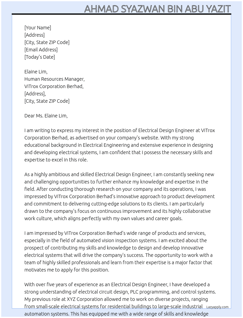 eelctrical design engineer At ViTrox Corporation Berhad Cover Letter