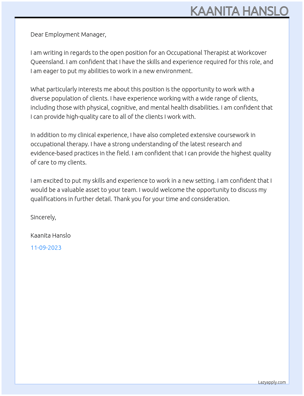 Occupational therapist  At Workcover Queensland  Cover Letter
