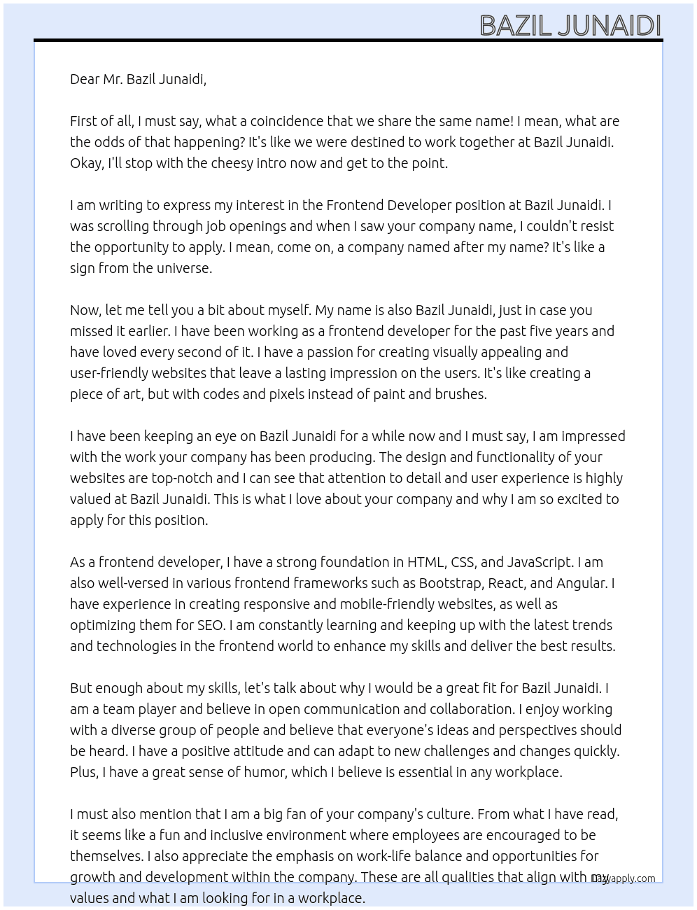 frondend developeer At bazil junaidi Cover Letter