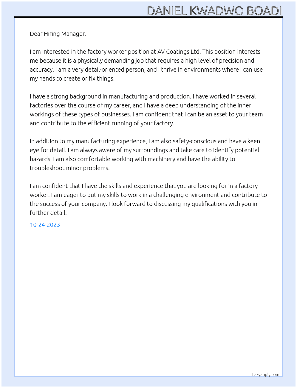 Factory Worker At AV Coatings Ltd. Cover Letter
