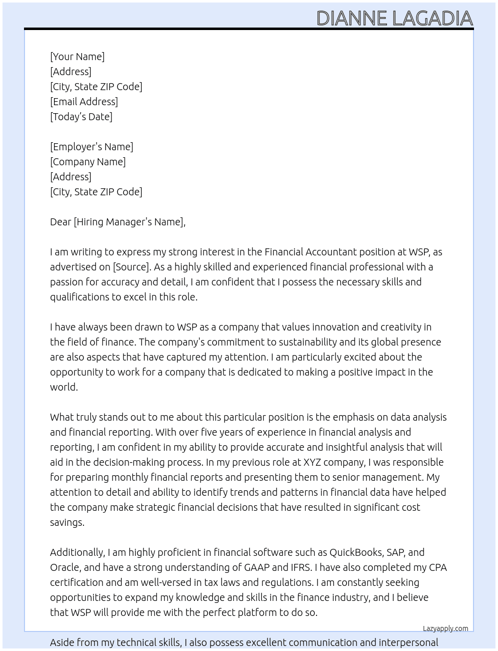 Financial Accountant At WSP Cover Letter