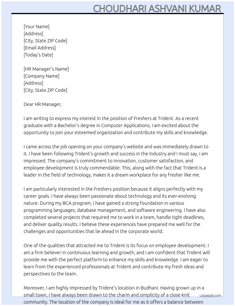 Freshers  At Trident  Cover Letter