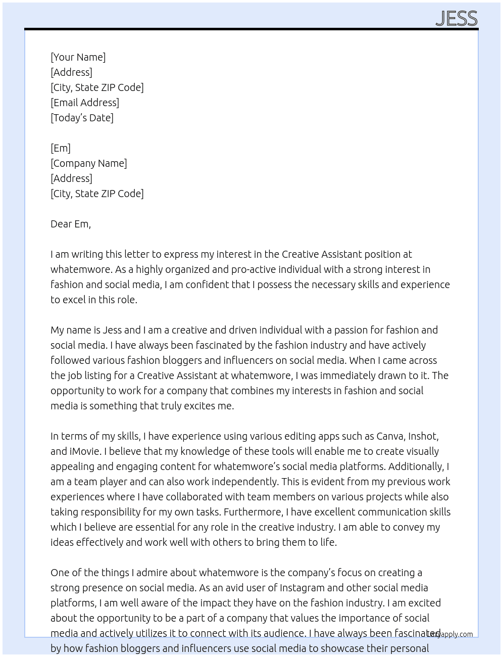 Creative Assistant At whatemwore Cover Letter