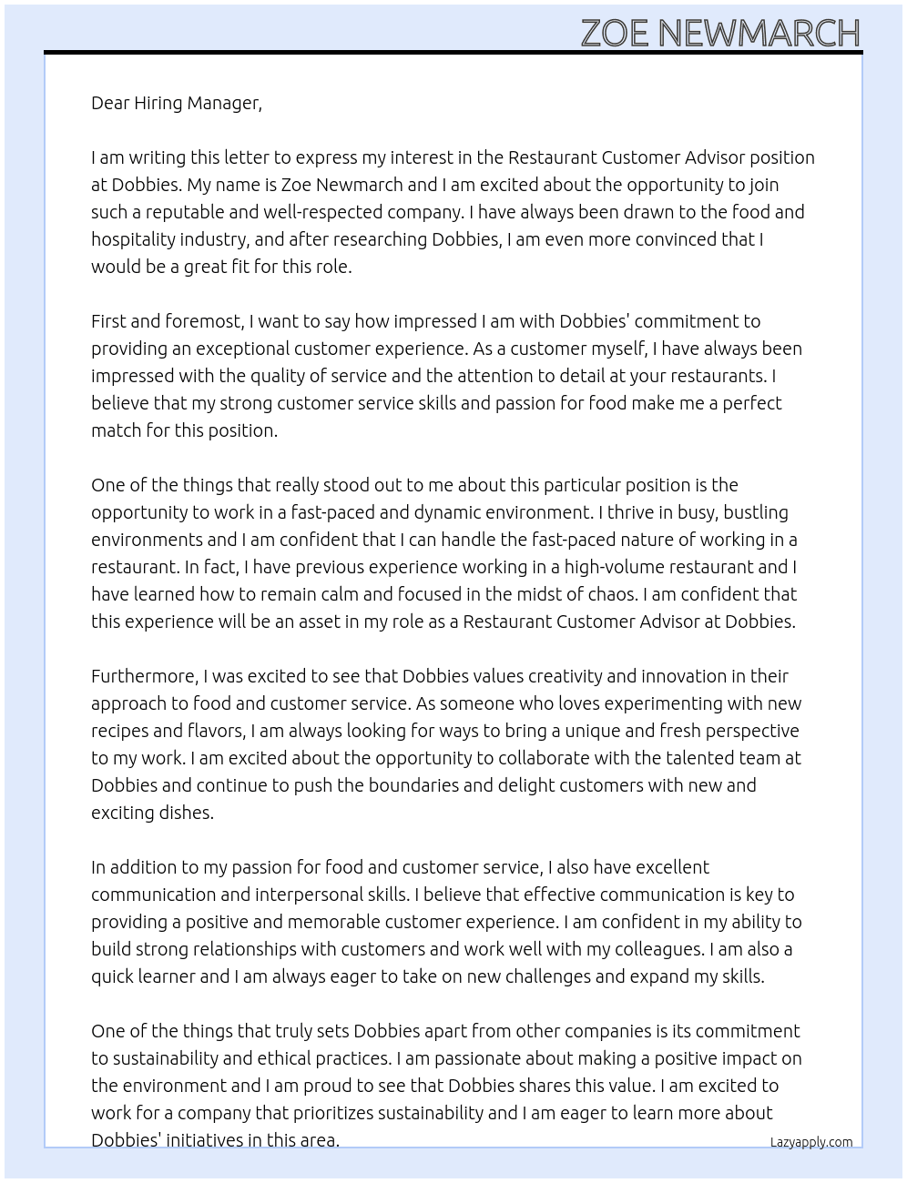 Restaurant Customer Advisor At Dobbies Cover Letter
