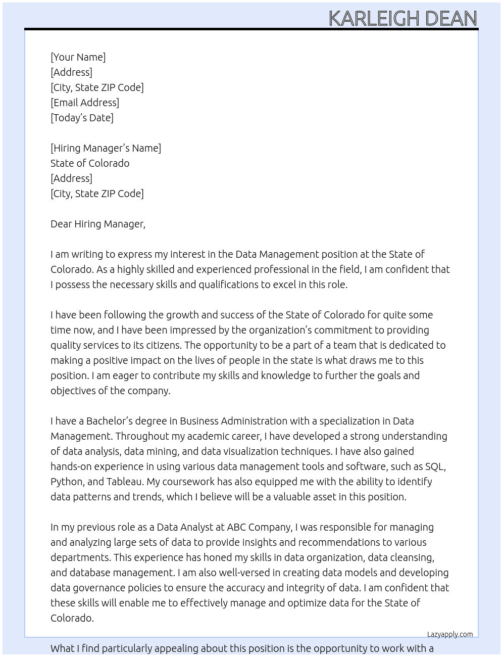 Data Management At State of Colorado Cover Letter