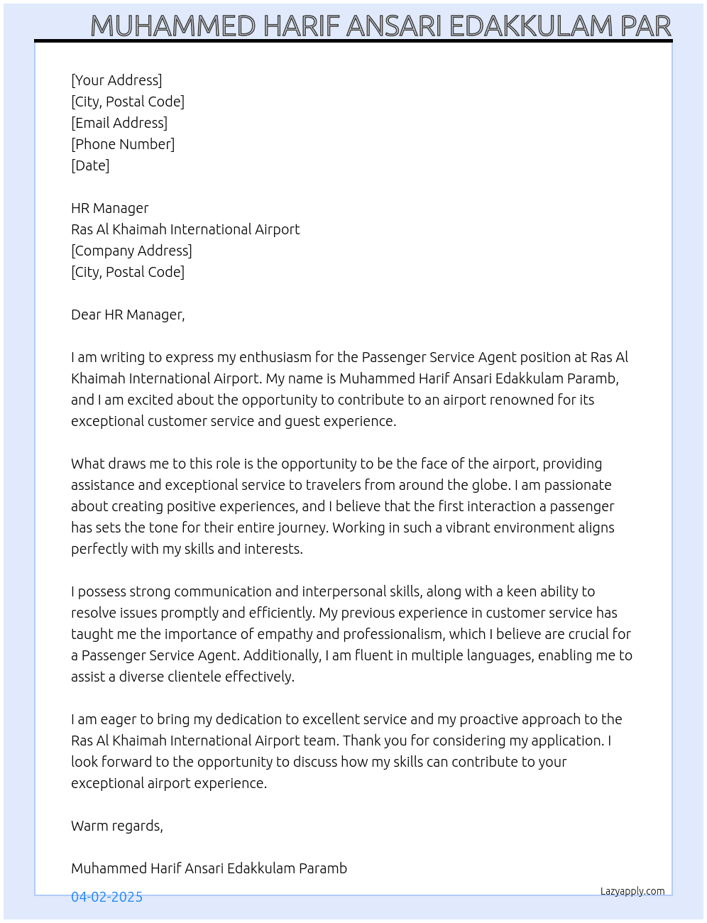 Cover letter for passengers service agent - LazyApply