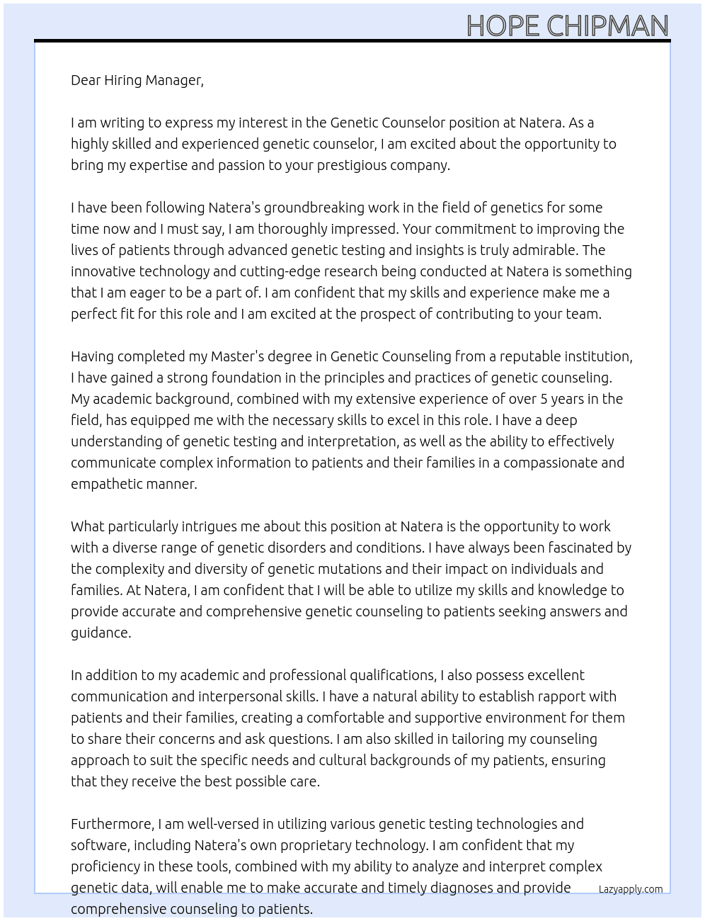 Genetic Counselor At Natera Cover Letter