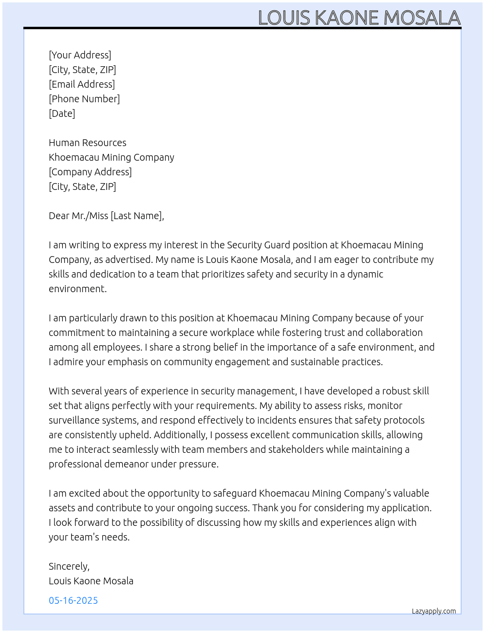 Security guard At Khoemacau mining company Cover Letter