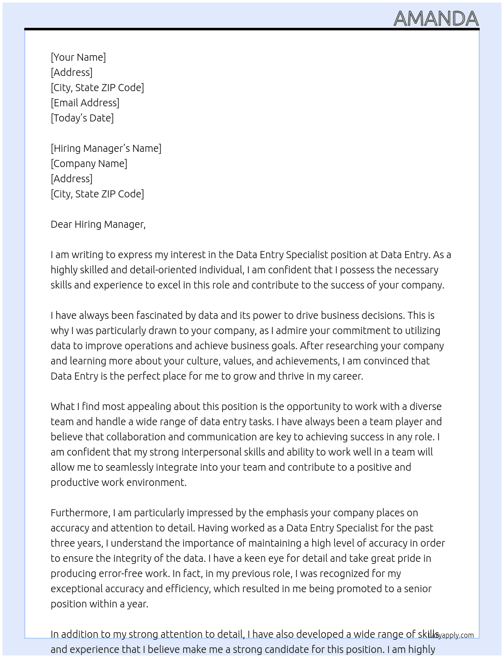Data Entry Specialist At Data Entry Cover Letter