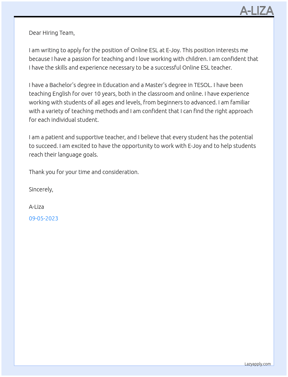Online ESL At E-Joy Cover Letter