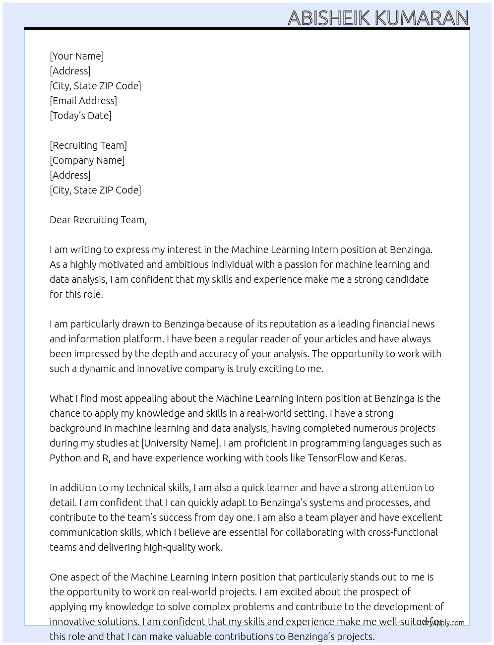 Machine Learning Intern At Benzinga Cover Letter