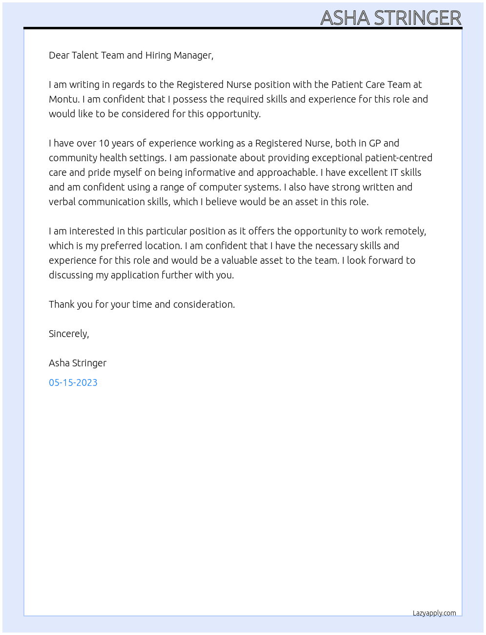 Registered Nurse with the Patient Care Team At Montu Cover Letter