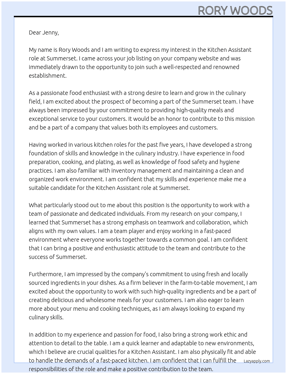 Kitchen Assistant At Summerset Cover Letter