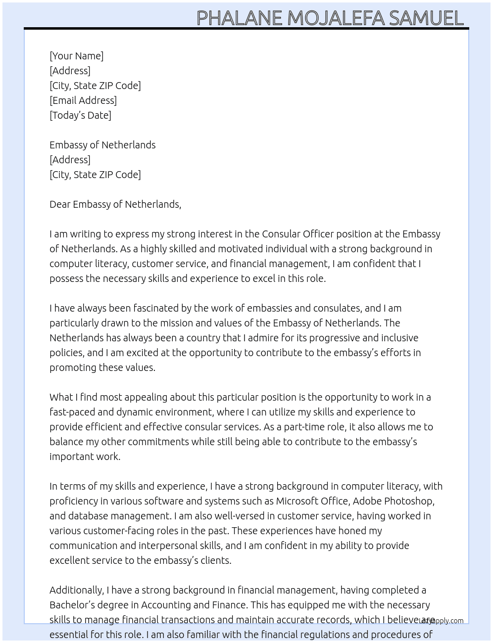 Consular officer At Embassy of Netherlands  Cover Letter