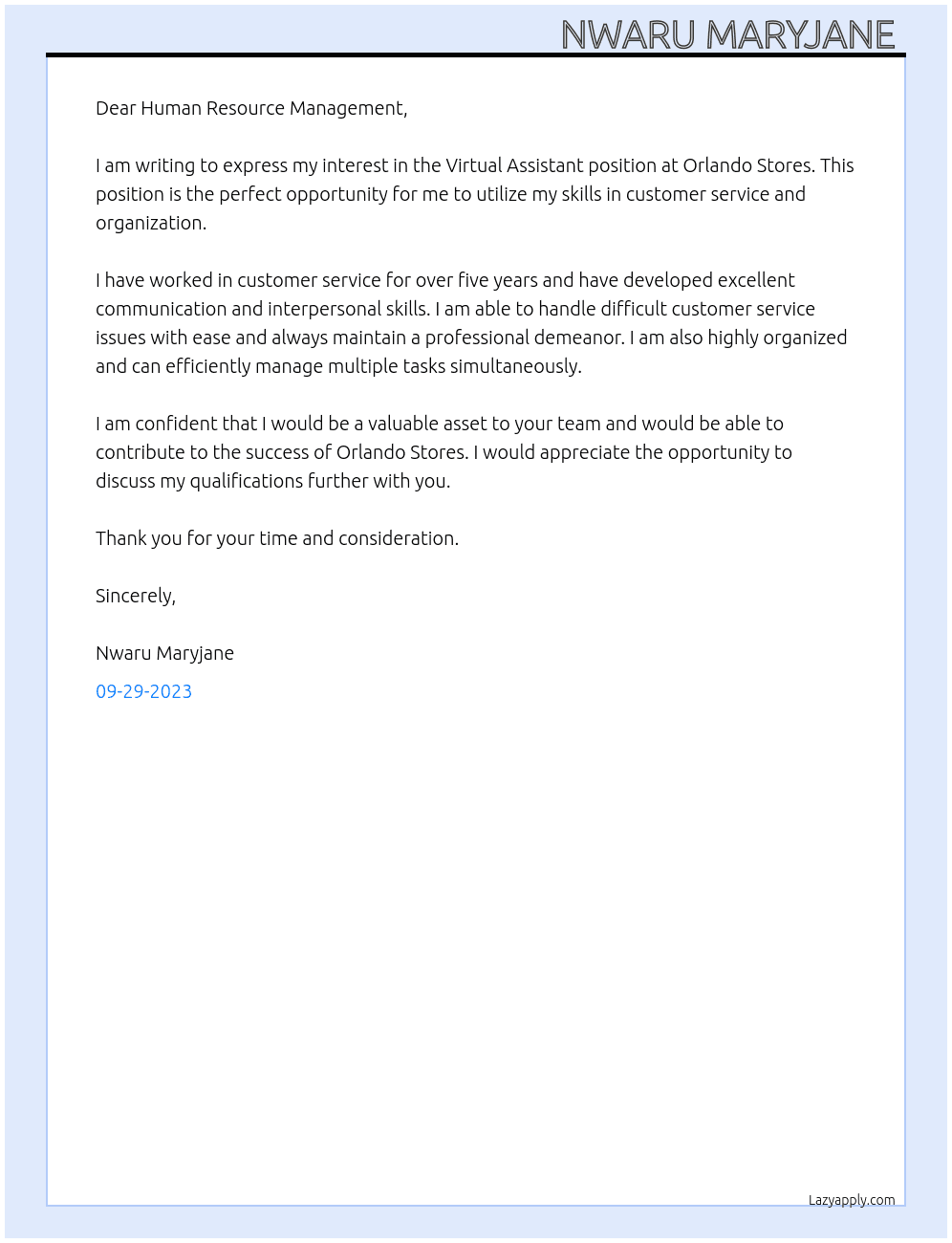 Virtual Assistance  At Orlando stores Cover Letter