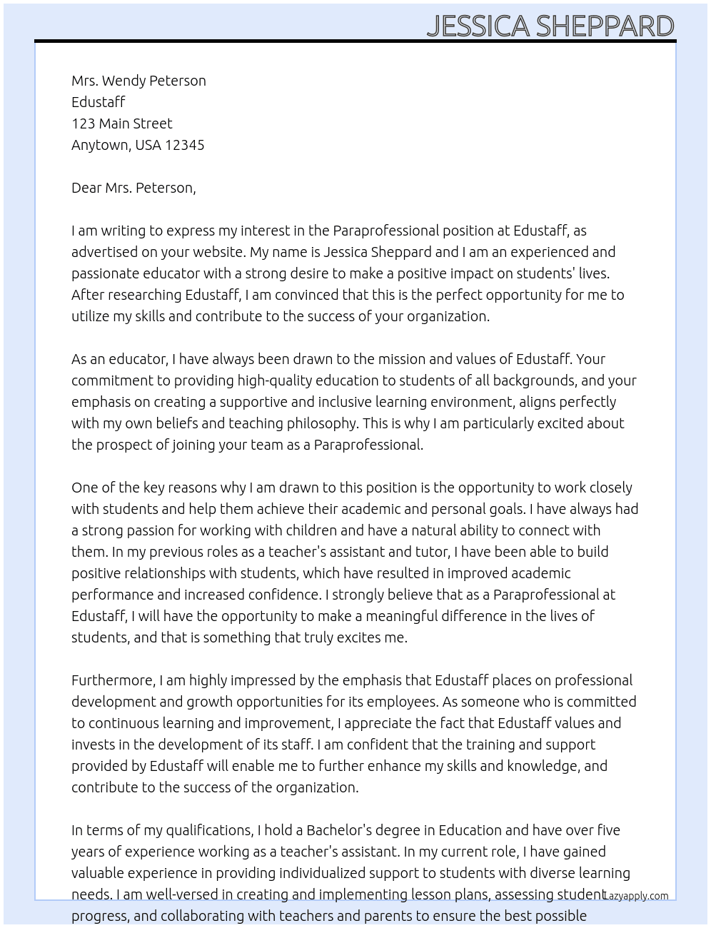 Paraprofessional  At Edustaff Cover Letter