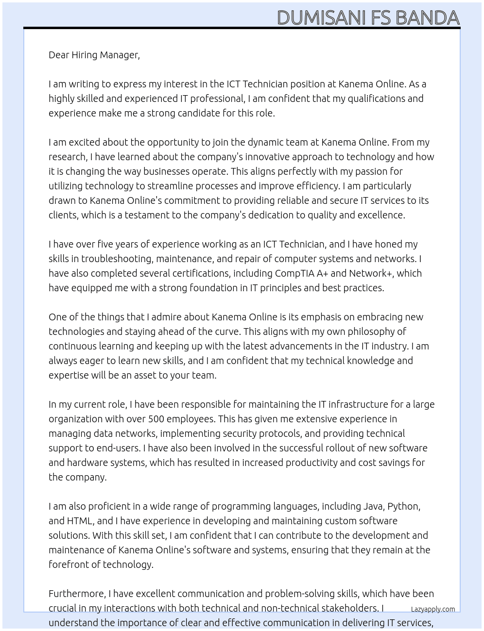 ICT Technician At Kanema Online Cover Letter