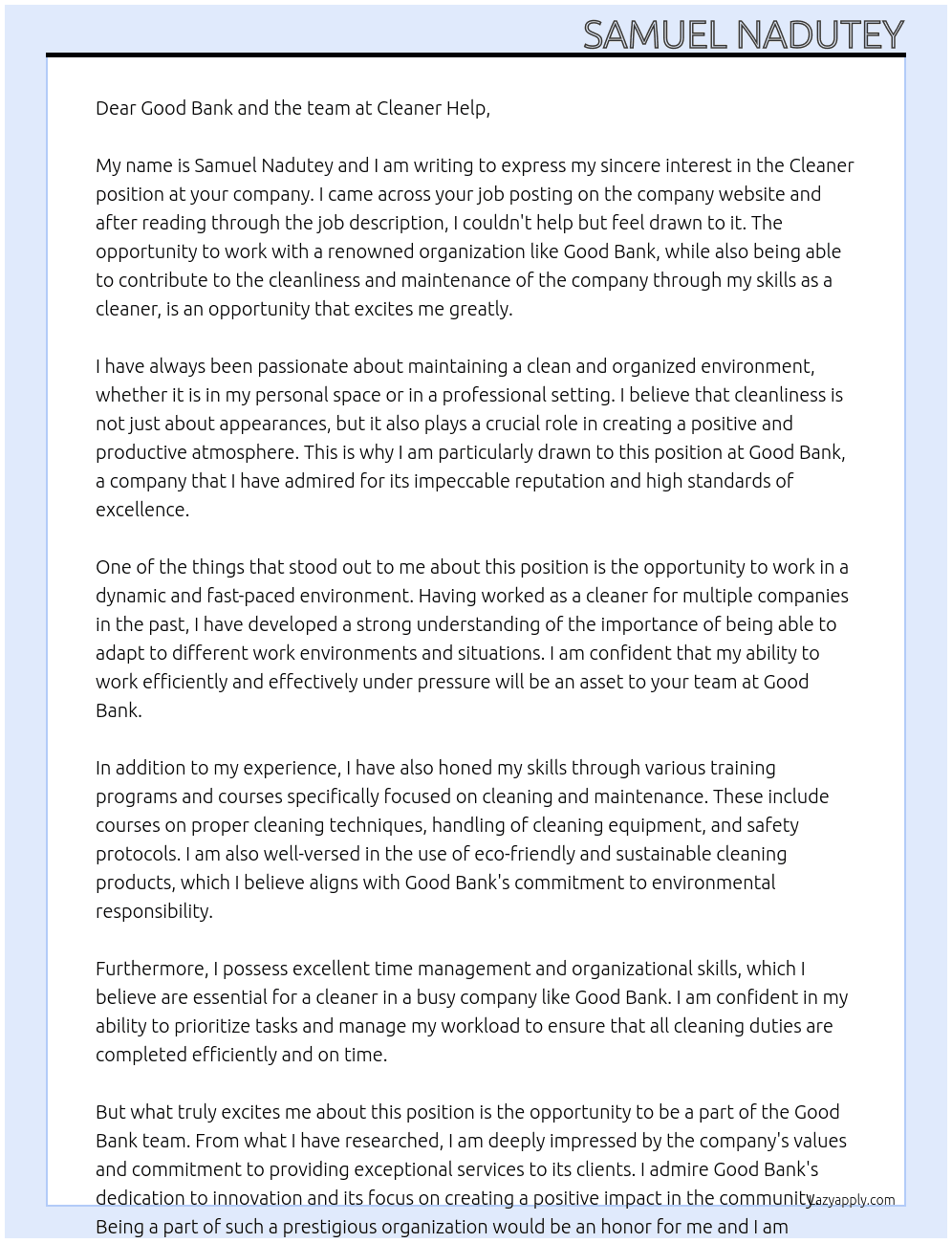 Cleaner At Cleaner help Cover Letter