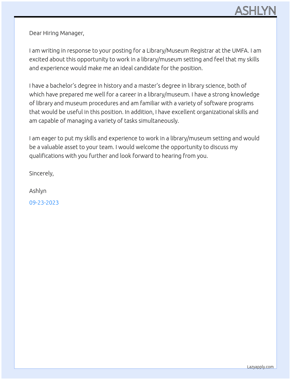 Library/Museum Registrar At UMFA Cover Letter