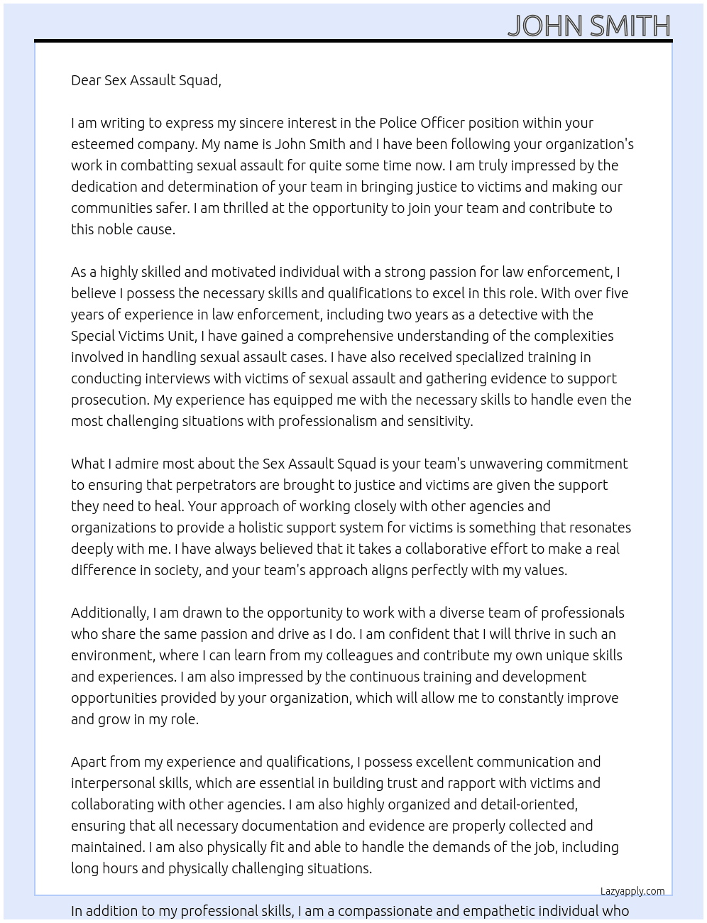 Police officer At Sex Assault Squad Cover Letter