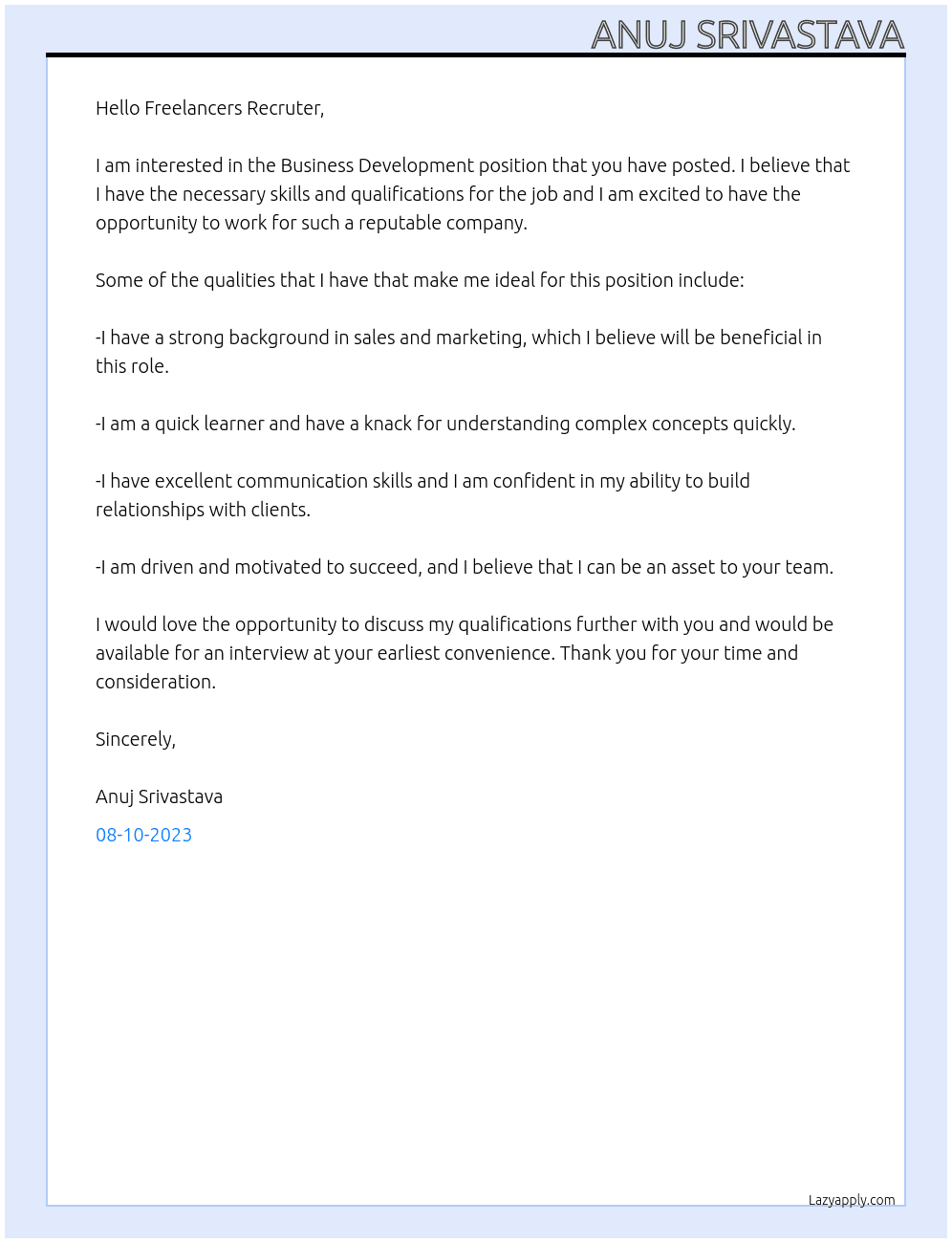 Business Development  At freelancers Cover Letter