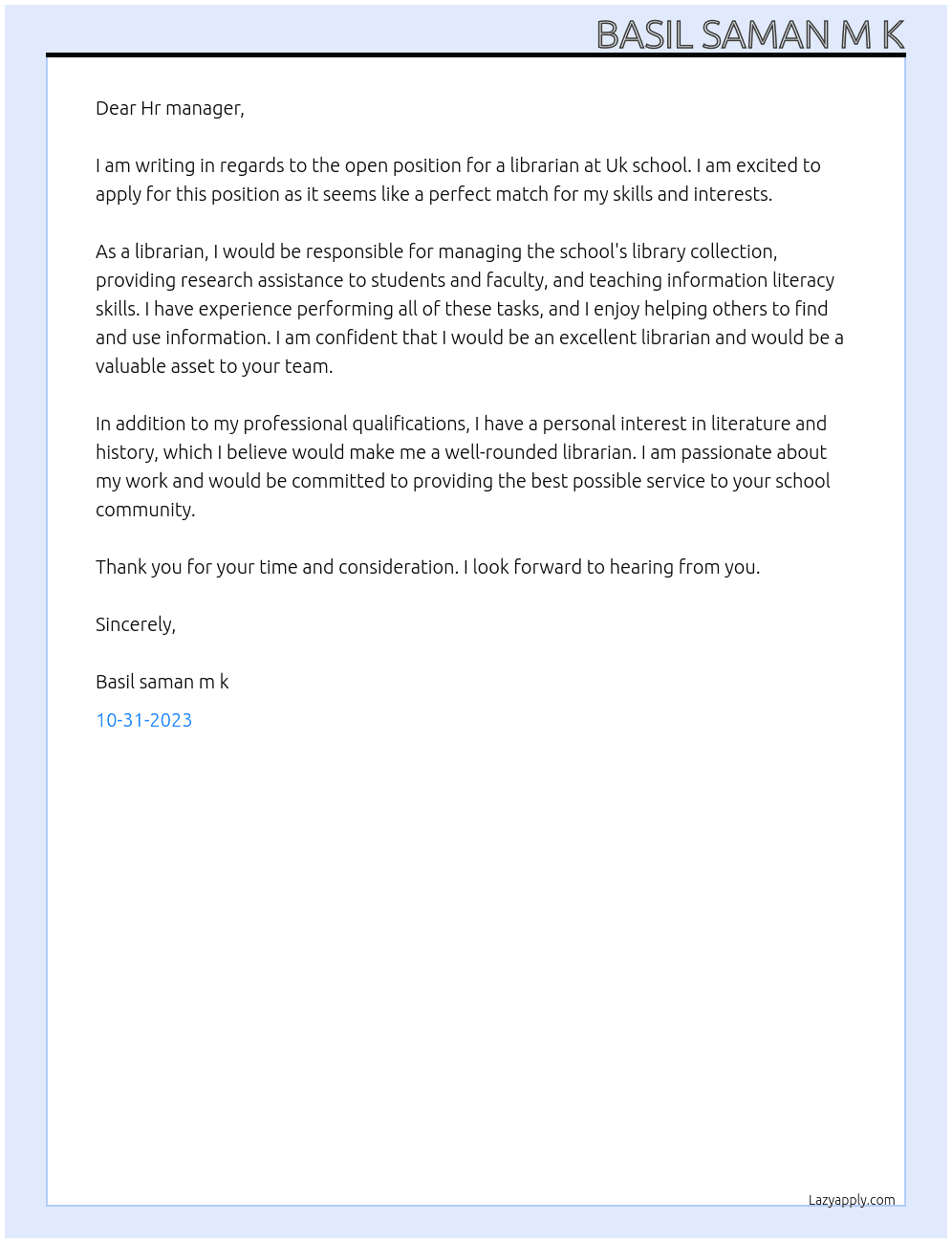 Librarian  At Uk school Cover Letter