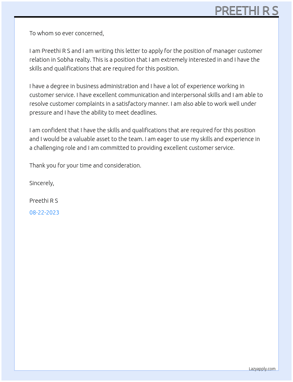 manager customer relation At Sobha realty Cover Letter