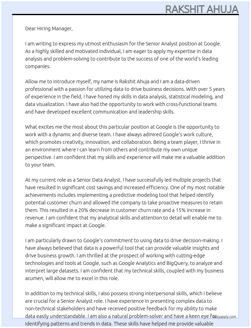 Senior Analyst At Google Cover Letter