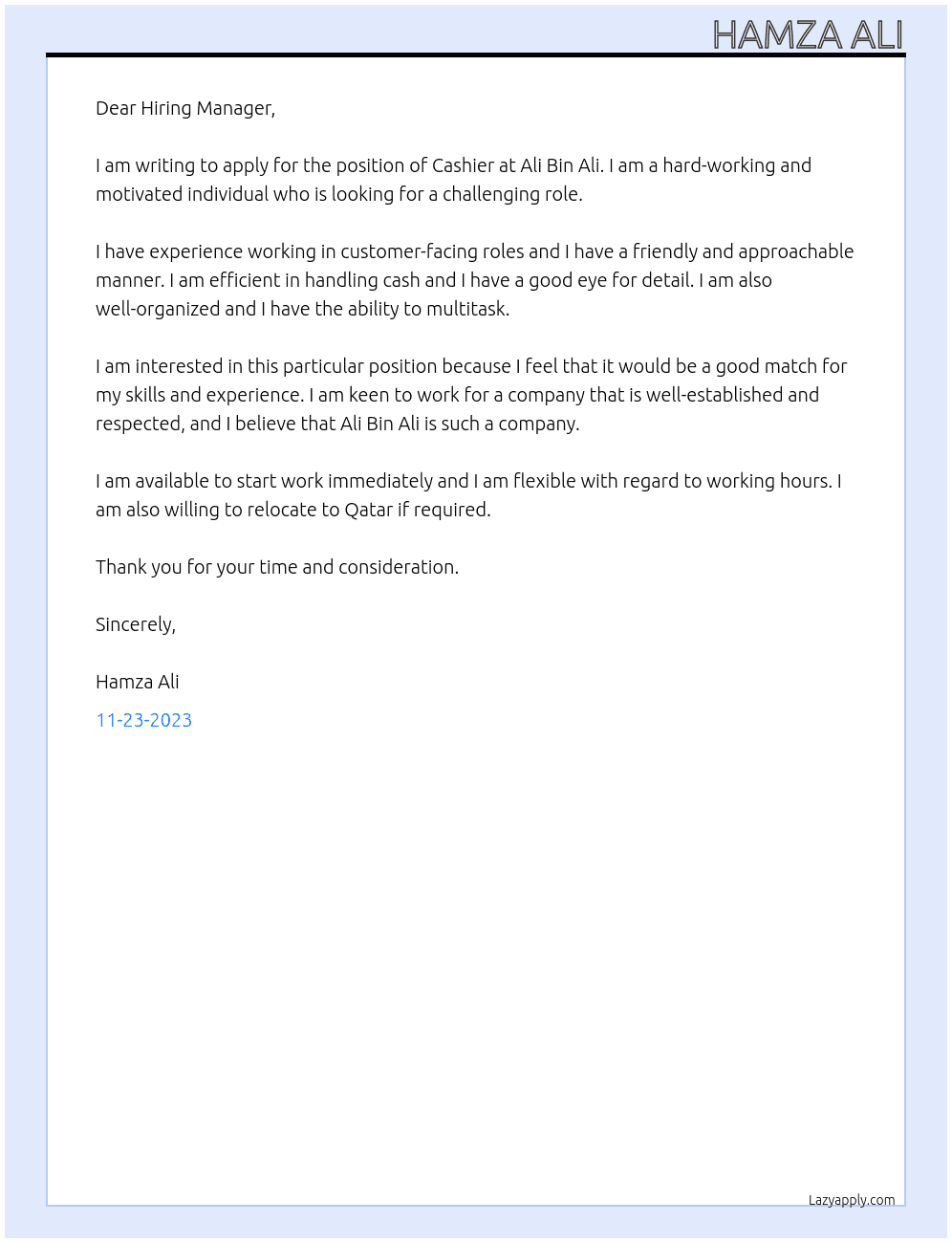 Cashier  At Ali Bin Ali Cover Letter