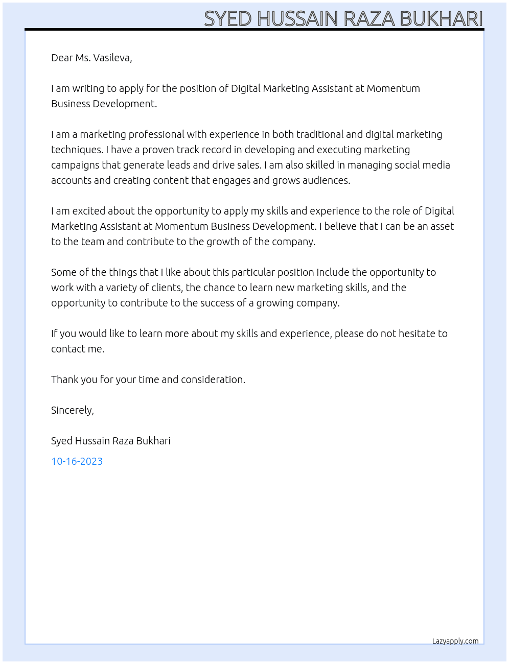 Digital Marketing Assistant At Momentum Business Development  Cover Letter