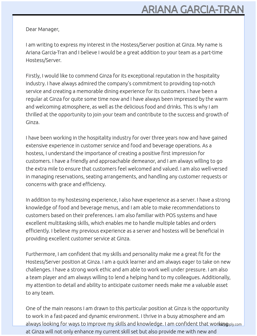 Hostess/Server At Ginza Cover Letter