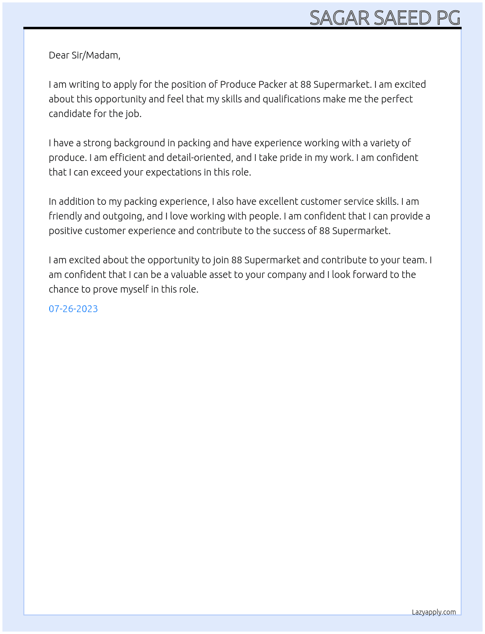 Produce Packers Job At 88 Supermarket Cover Letter