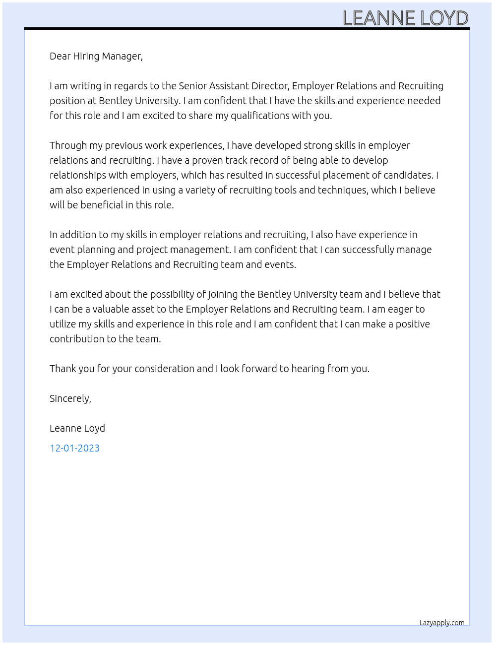Senior Assistant Director, Employer Relations and Recruiting At Bentley University Cover Letter