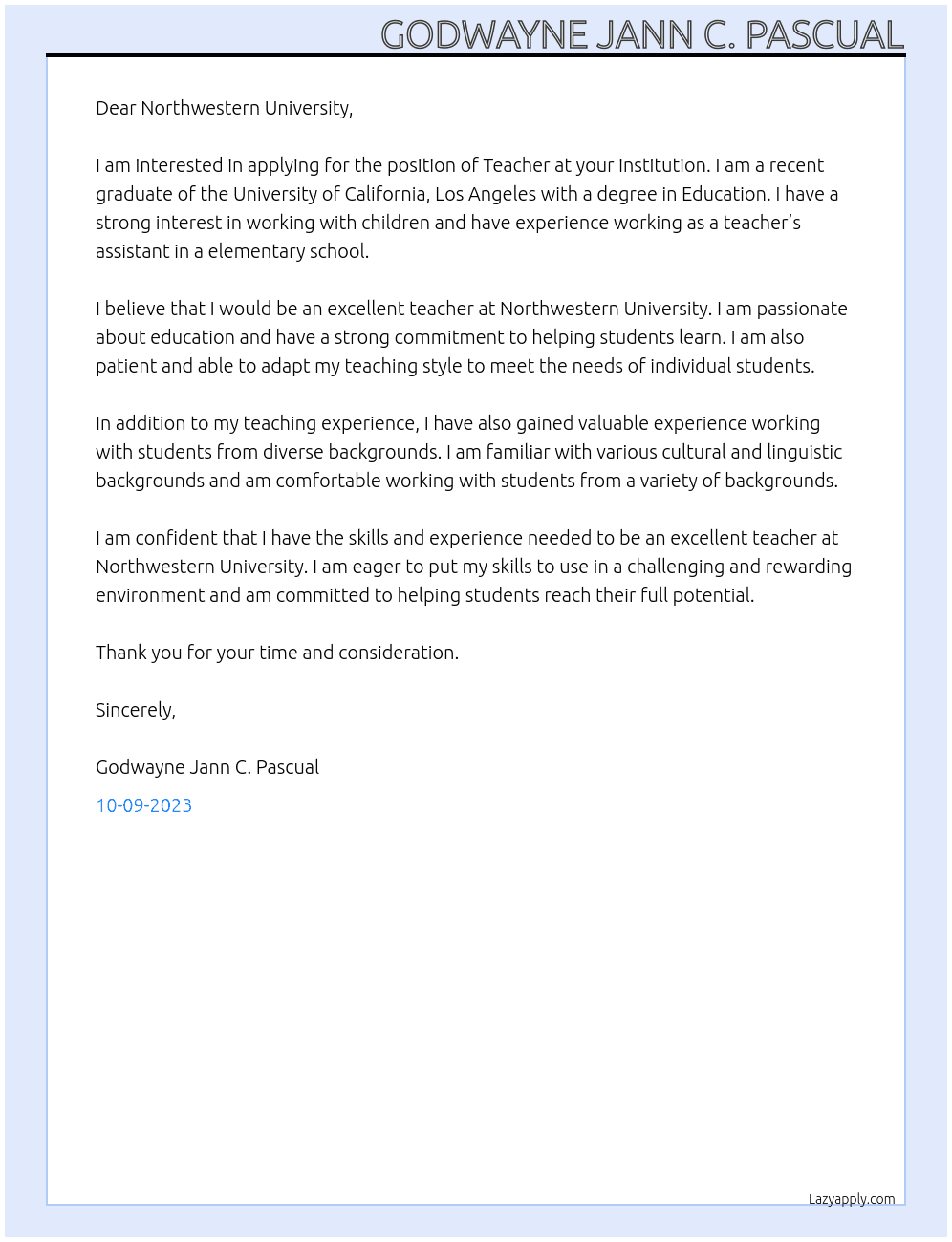 Teacher At Northwestern University Cover Letter