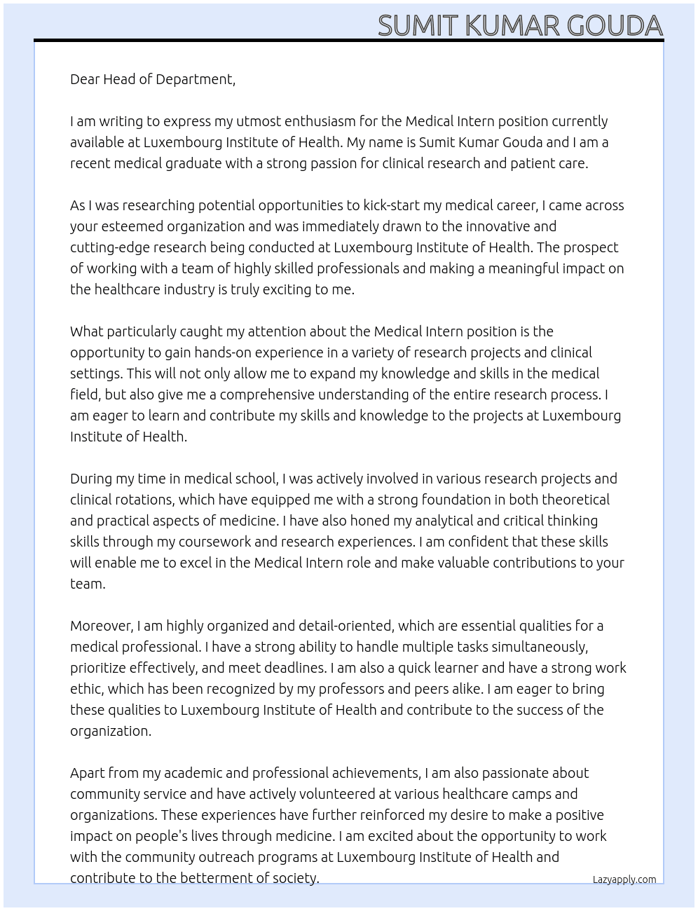 Medical Intern At Luxembourg Institute of Health Cover Letter