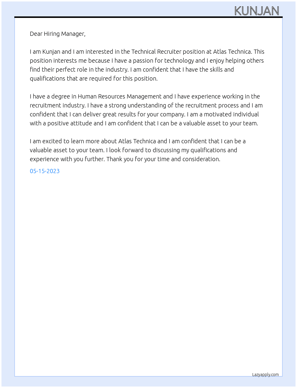 Technical Recruiter At Atlas Technica Cover Letter